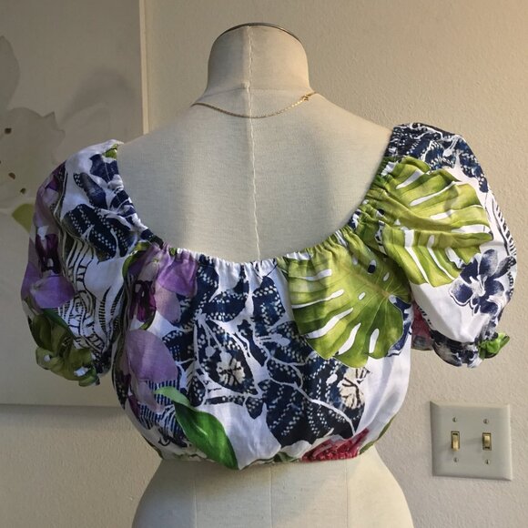GUESS White Floral Printed Cold Shoulder Crop Top Blouse Puff Short Sleeve XS - Picture 5 of 6